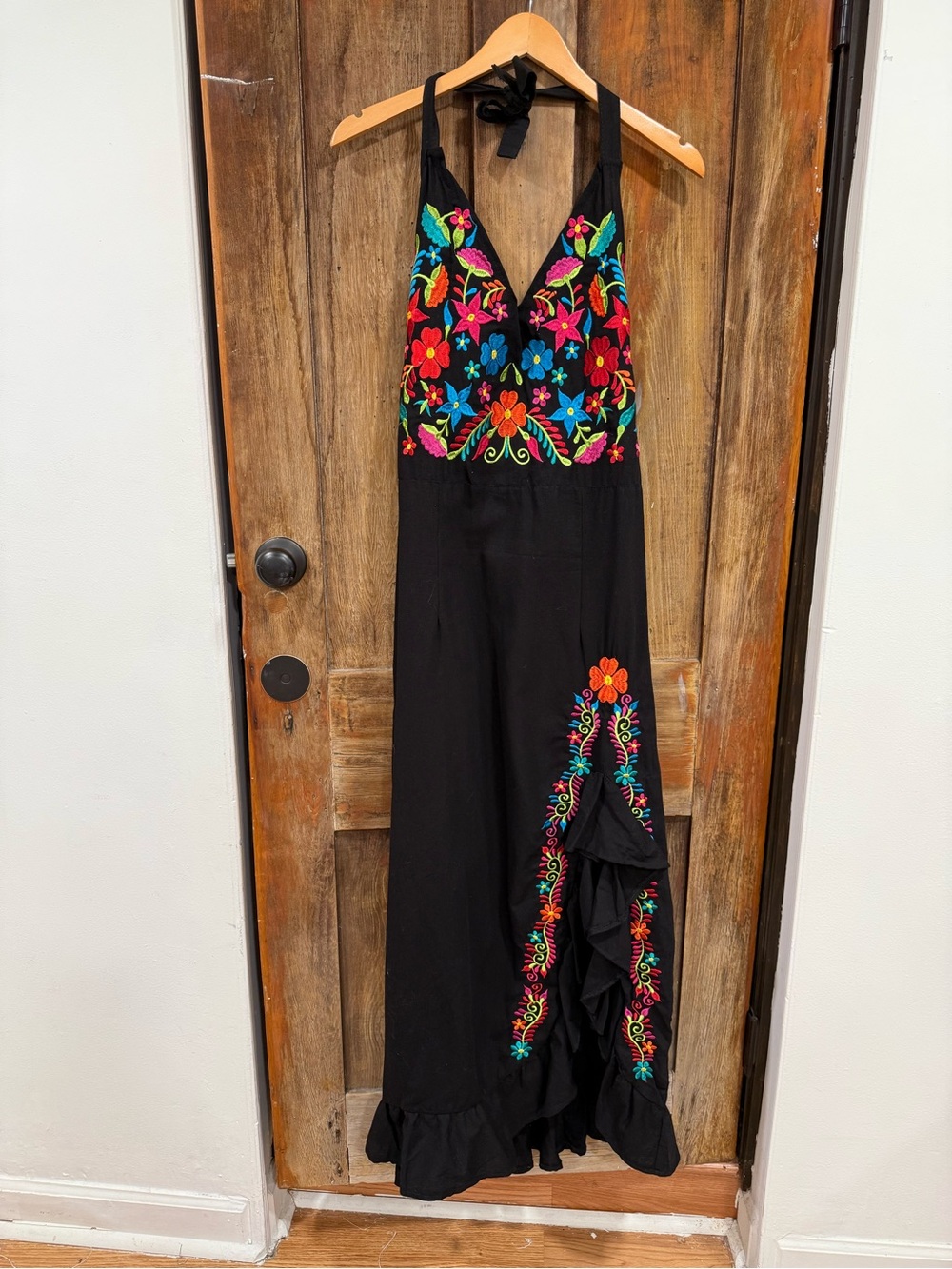 Embroidered Black Halter dress with Colorful Floral Detail